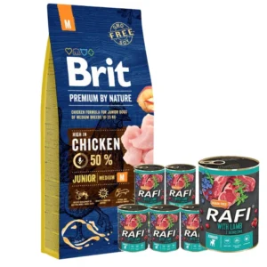 BRIT 'Premium By Nature Junior M 15kg + Rafi junior z jagnięciną, żurawiną' - i borówką (6x400g)