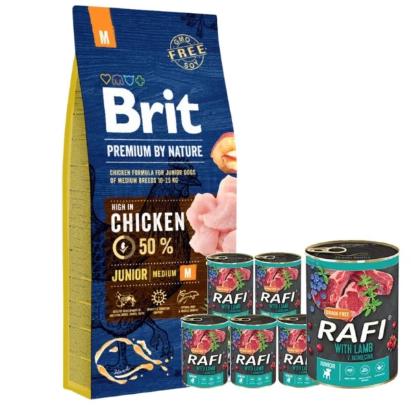 BRIT 'Premium By Nature Junior M 15kg + Rafi junior z jagnięciną, żurawiną' - i borówką (6x400g)